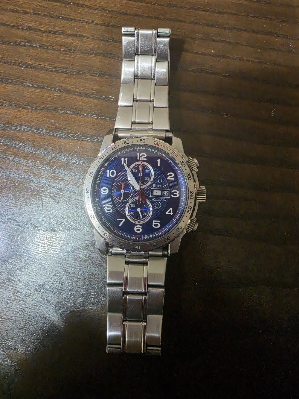 Bulova Silver Stainless Steel Chronograph Watch with Blue Dial